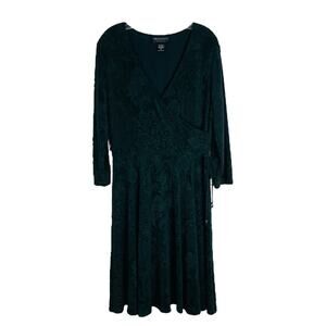 Vintage green floral faux wrap stretchy midi dress 16